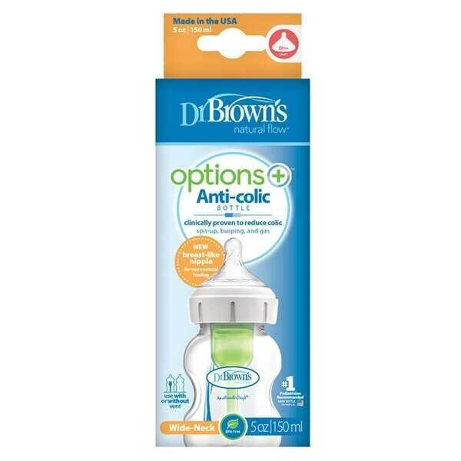 Dr Brown's Options+, пляшечка з широким горлечком і соскою від кольок, рівень 1, 0-3 місяці, 150 мл: ціни та характеристики