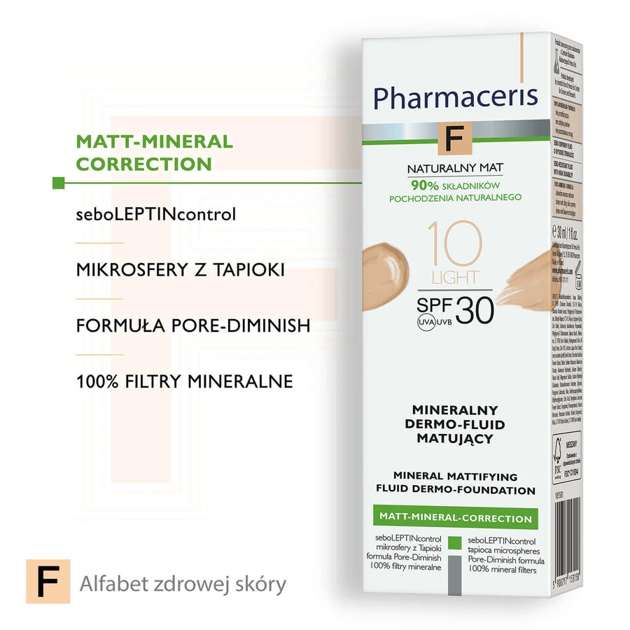 Pharmaceris F Matt-Mineral-Correction, мінеральний матуючий дермо-флюїд, 10 Light, SPF 30, 30 мл: ціни та характеристики