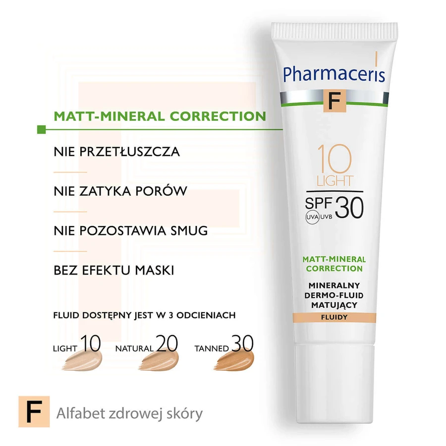 Pharmaceris F Matt-Mineral-Correction, мінеральний матуючий дермо-флюїд, 10 Light, SPF 30, 30 мл: ціни та характеристики
