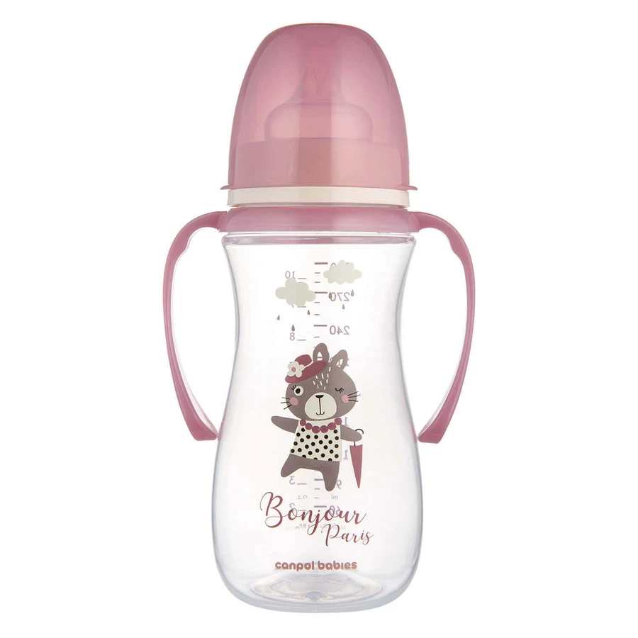 Canpol Babies Easy Start, пляшечка з широким горлом, з ручками, Bonjur Paris, рожева, від 12 місяців, 300 мл: ціни та характеристики