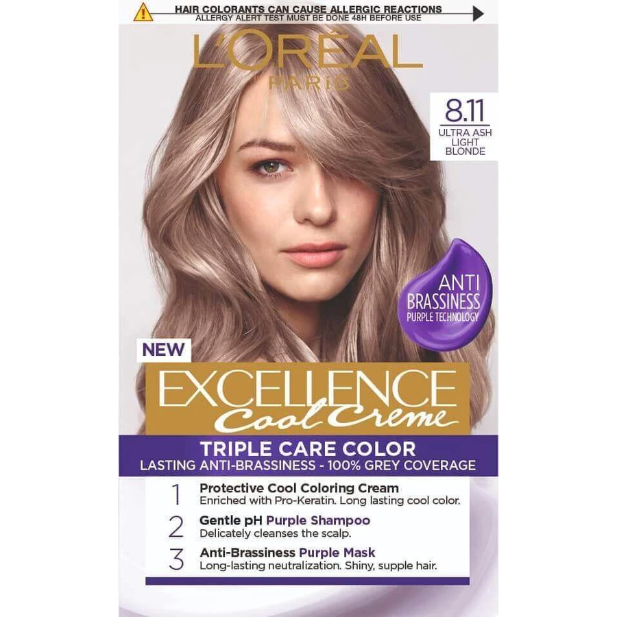 L'Oréal Paris Excellence Cool Creme перманентна стійка крем-фарба 8.11 Ультрапопелястий русявий 192 мл: ціни та характеристики