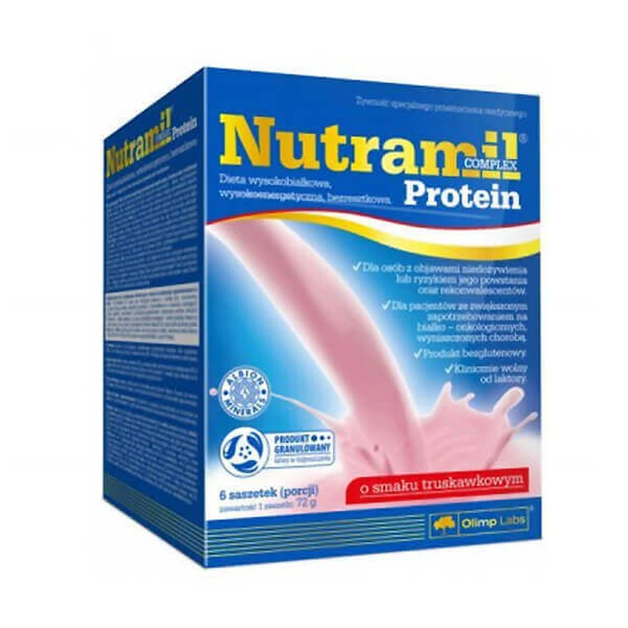 Olimp Nutramil Complex Protein, клубничный вкус, 72 г x 6 пакетиков КОНТАМИНИРОВАННАЯ УПАКОВКА: цены и характеристики