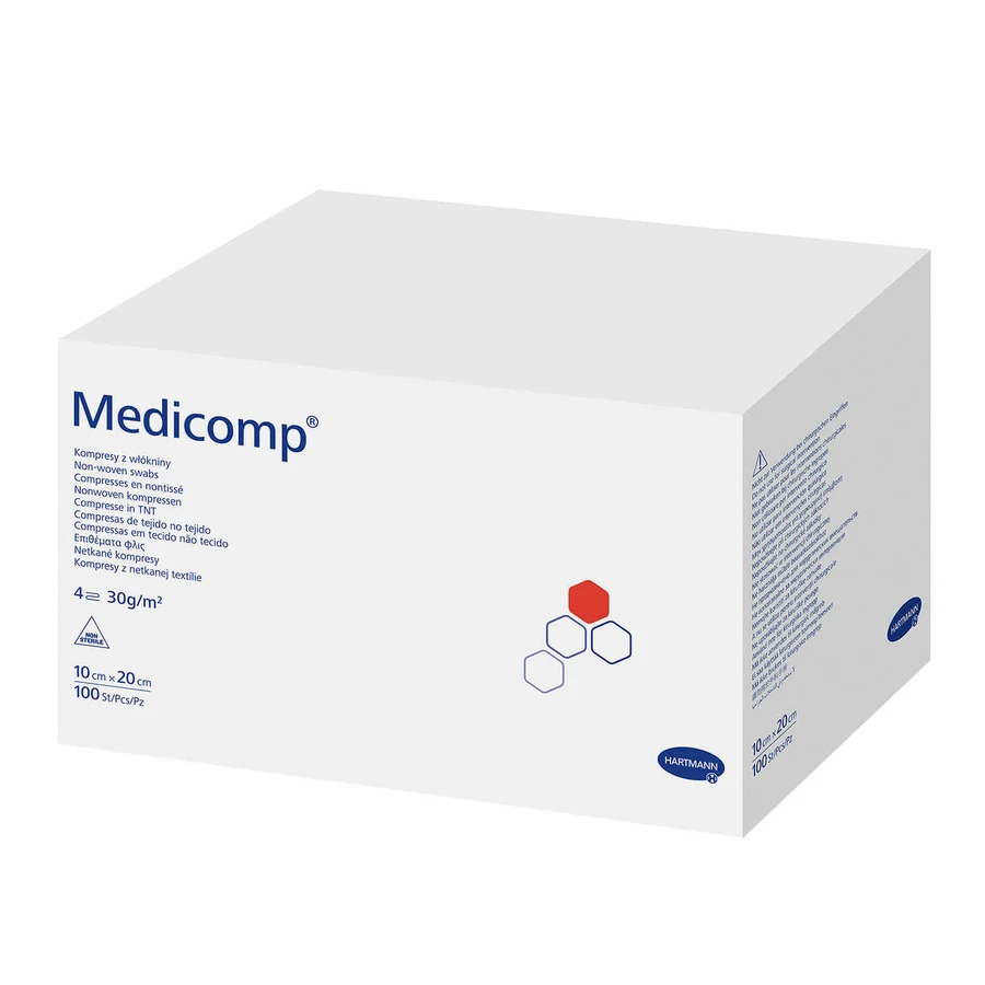 Medicomp, компреси неіонні, неткані, 4 шари, 30 г/м2, 10 см х 20 см, 100 штук: ціни та характеристики