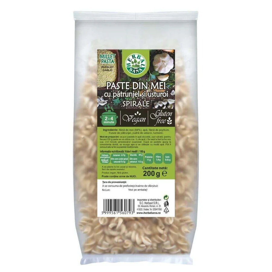 Макарони пшоняні з петрушкою та часником, спіральки, 200 г, Herbal Sana: ціни та характеристики
