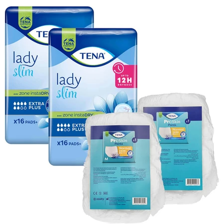 Набор Tena Lady Slim, специальные гигиенические салфетки, Extra Plus, 2 x 16 шт + ProSkin Pants Normal chonic трусы, размер M и L, 2 образца: цены и характеристики