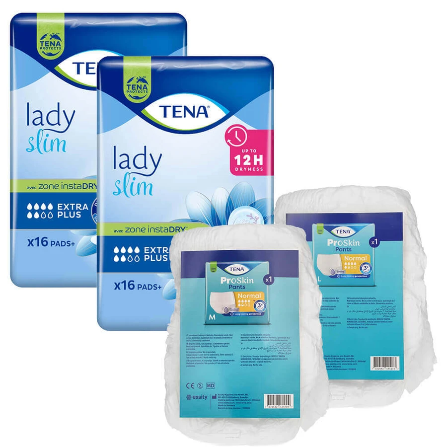 Набор Tena Lady Slim, специальные гигиенические салфетки, Extra Plus, 2 x 16 шт + ProSkin Pants Normal chonic трусы, размер M и L, 2 образца: цены и характеристики