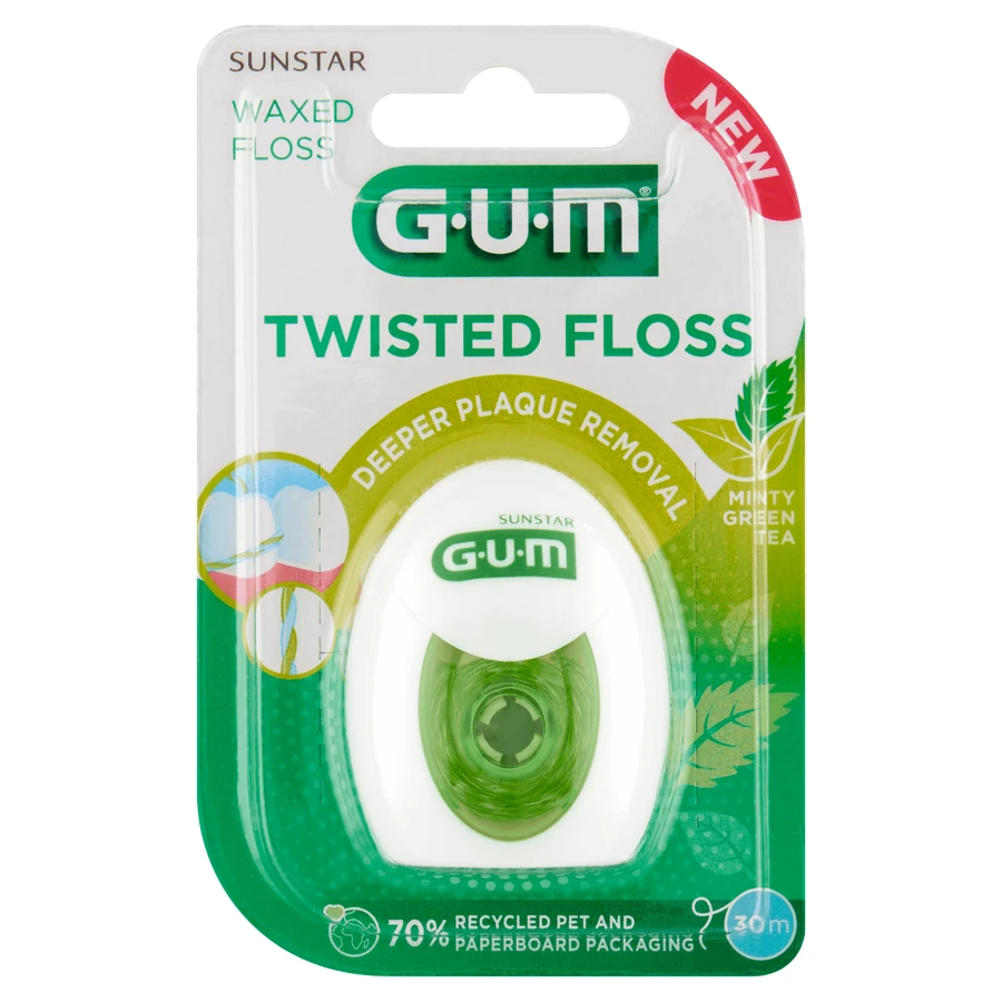 Зубна нитка Sunstar Gum Twisted, не зубна, з воском, мітою та зеленим чаєм, 30 м: ціни та характеристики