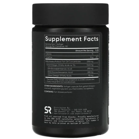 Омега-3, рыбий жир Sports Research Omega-3 Fish Oil, тройная сила, 1250 мг, 90 гелевых капсул: цены и характеристики