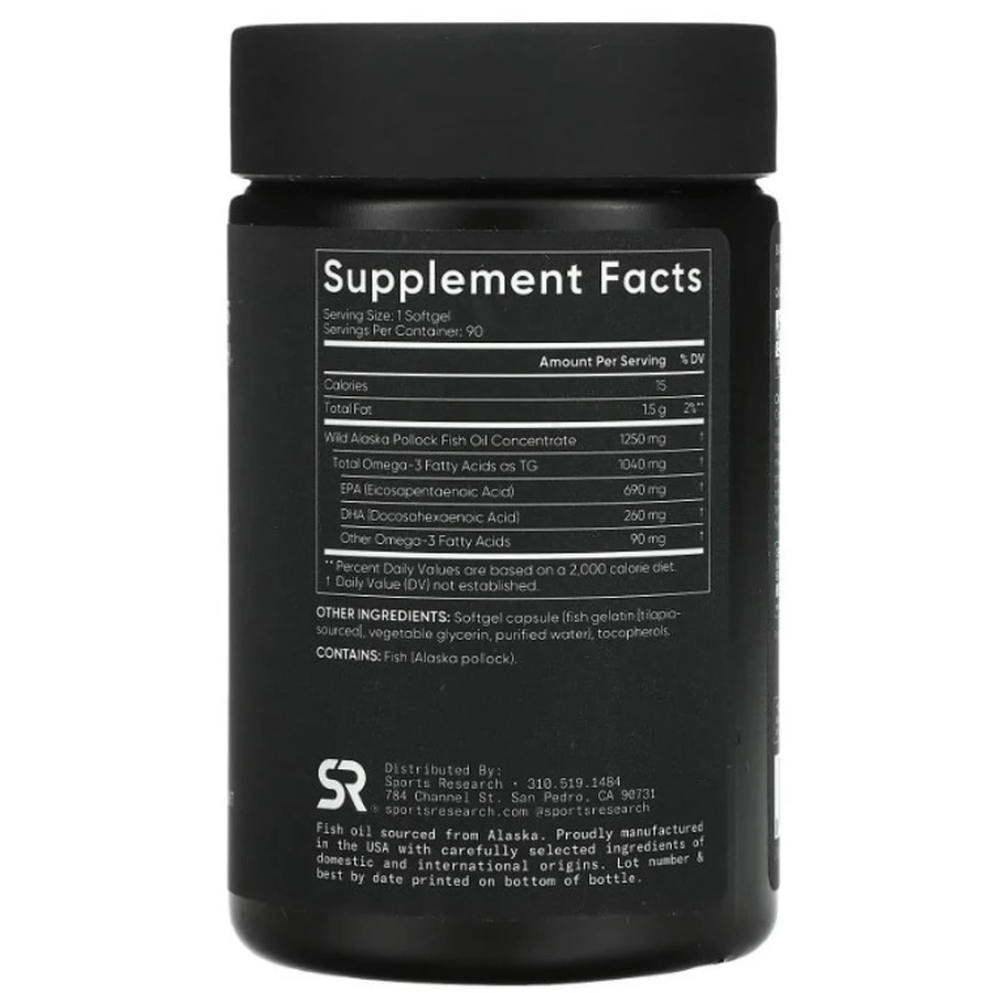 Омега-3, рыбий жир Sports Research Omega-3 Fish Oil, тройная сила, 1250 мг, 90 гелевых капсул: цены и характеристики