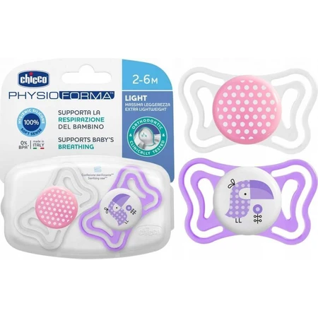 Chicco Soother Physio Light Silicone Soother 6-16m+, рожевий 2шт 1×2 шт, заспокійлива пустушка (6-16м.+): ціни та характеристики