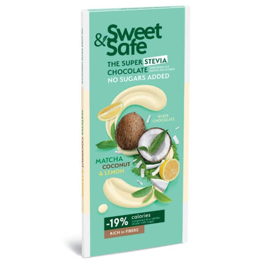 Білий шоколад із зеленим чаєм матчу, кокосом та лимоном Sweet & Safe, 90 г, Sly Nutrition: ціни та характеристики
