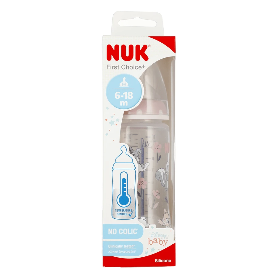 NUK First Choice+ Disney, пляшечка з градуюванням температури та силіконовою соскою, Бембі, розмір M, 741997, 6-18 місяців, 300 мл: ціни та характеристики