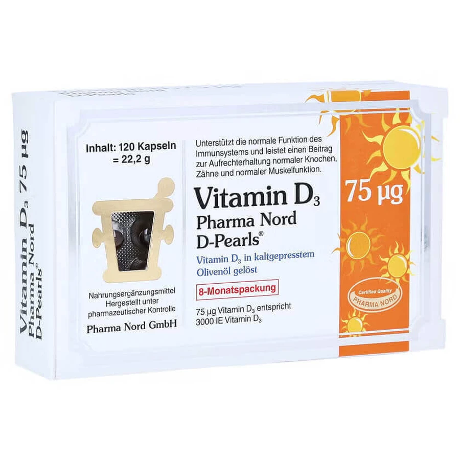 Вітамін D3 3000UI D-Pearls 75 мкг, 80 м'яких гелів, Pharma Nord: ціни та характеристики