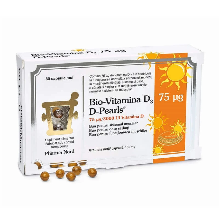 Вітамін D3 3000UI D-Pearls 75 мкг, 80 м'яких гелів, Pharma Nord: ціни та характеристики