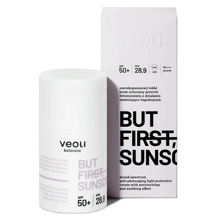 Veoli Botanica But First, Sunscreen, легкий сонцезахисний крем широкого спектру дії зі зволожуючими та заспокійливими властивостями, SPF 50+, 50 мл: ціни та характеристики