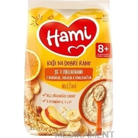 HAMI Молочна каша з 7 злаків з бананом, яблуком та апельсином 1×210 г, фруктова каша: ціни та характеристики