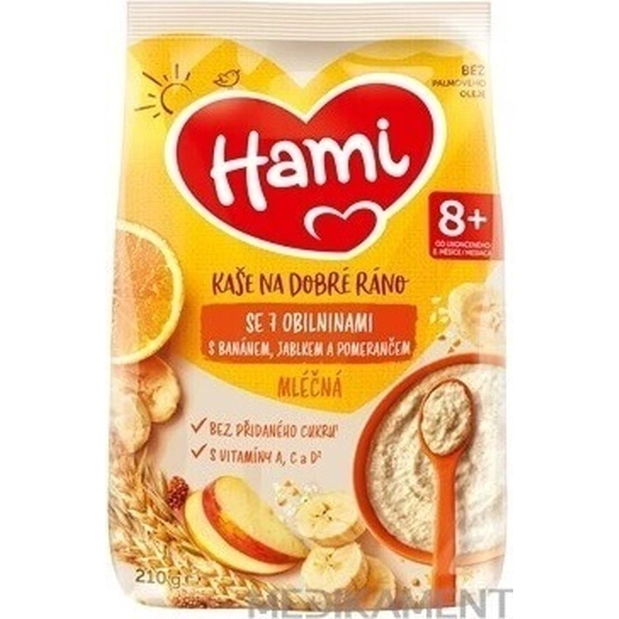 HAMI Молочна каша з 7 злаків з бананом, яблуком та апельсином 1×210 г, фруктова каша: ціни та характеристики