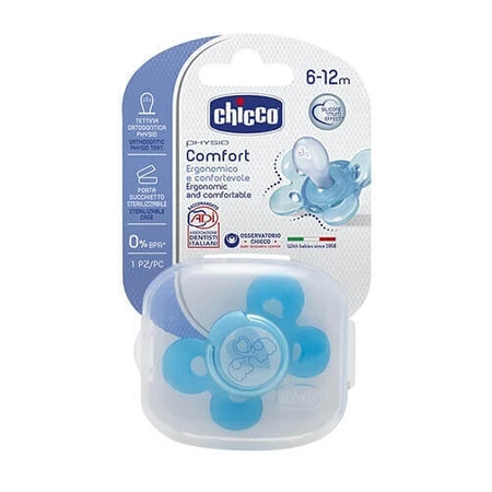 Силіконова соска Physio Comfort анатомічної форми 6-12 місяців, синя, 74913-7, Chicco: ціни та характеристики