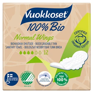 Vuokkoset, органічні гігієнічні прокладки з бавовни, 100% біо, 12 штук