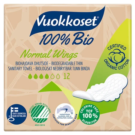 Vuokkoset, органічні гігієнічні прокладки з бавовни, 100% біо, 12 штук: ціни та характеристики