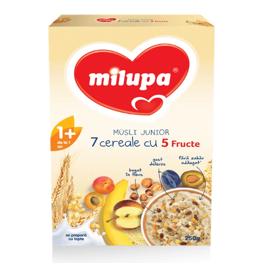 Муслі Юніор 7 злаків з 5 фруктами, +12 місяців, 250 г, Milupa: ціни та характеристики