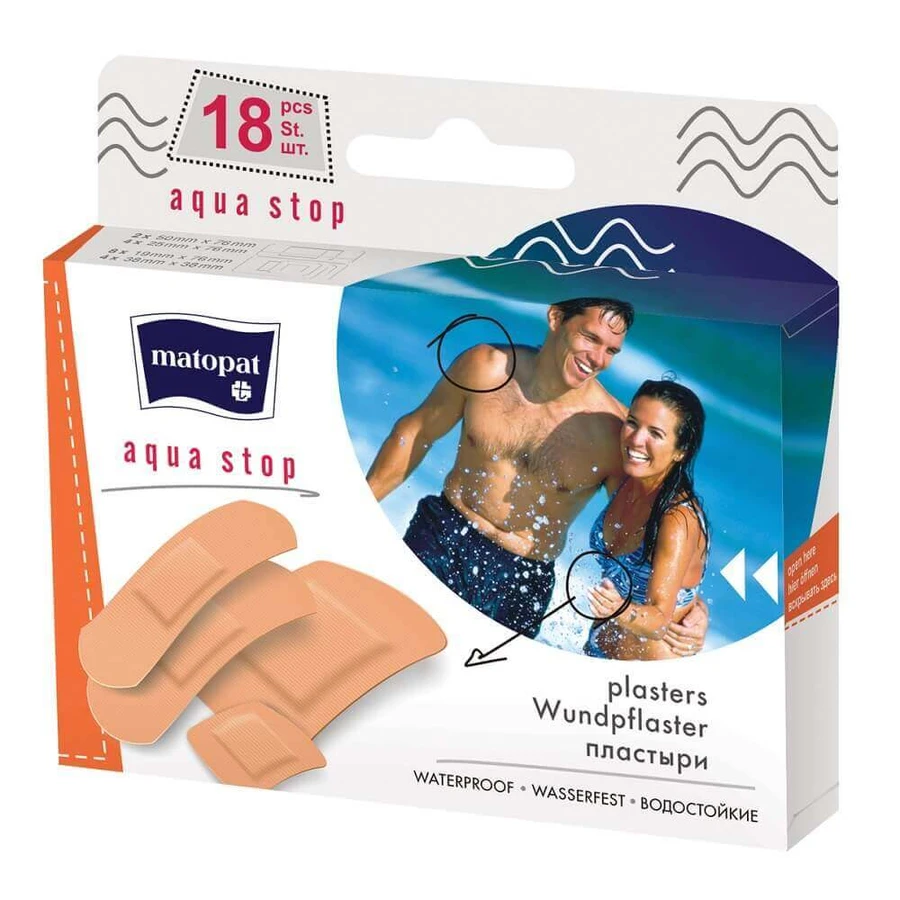 Водостойкие пластыри Aqua Stop, 18 штук, Matopat: цены и характеристики