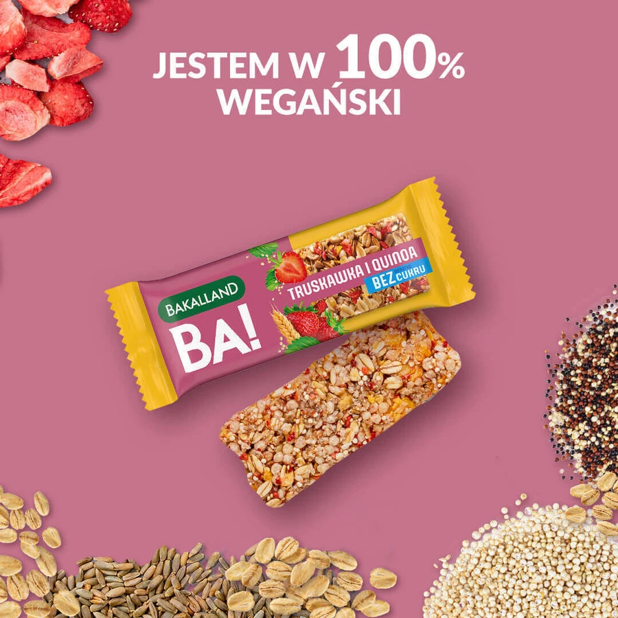 Батончик Bakalland BA! Злаковий батончик, полуниця та кіноа, без цукру, 30 г КОРОТКИЙ СРОК ДІЇ: ціни та характеристики