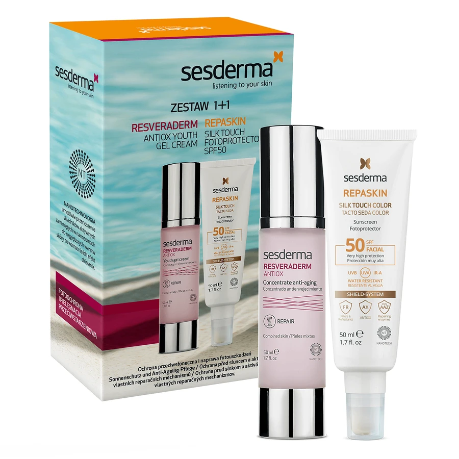 Набір Sesderma Resveraderm Antiox, крем-гель для обличчя, 50 мл + Repaskin Silk Touch Color, сонцезахисний крем для обличчя, кольоровий, SPF 50, 50 мл: ціни та характеристики