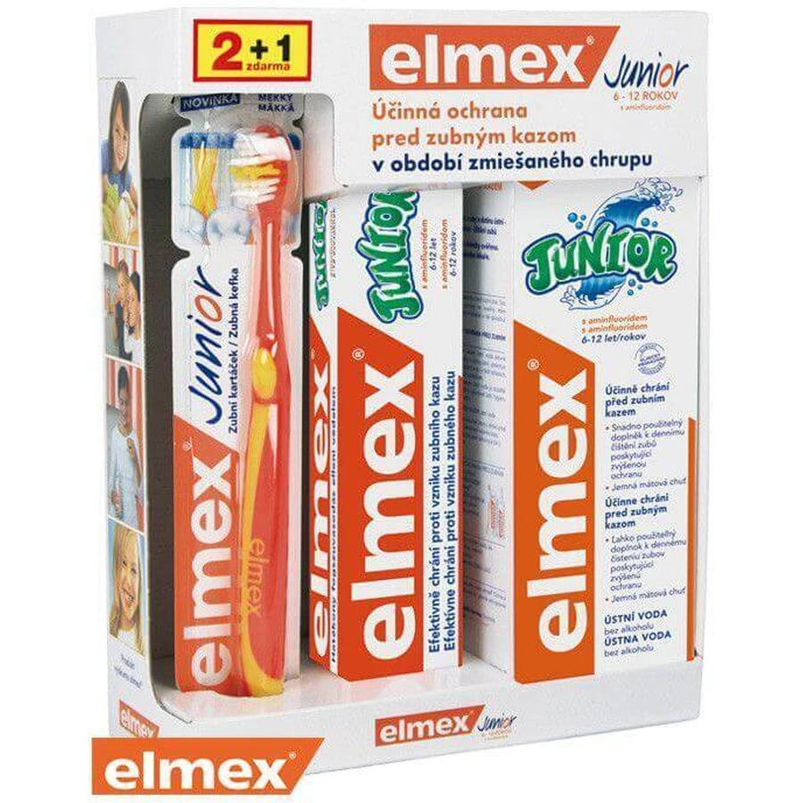 Elmex JUNIOR SYSTEM Зубная щетка + зубная паста 75 мл + ополаскиватель для рта 400 мл: цены и характеристики