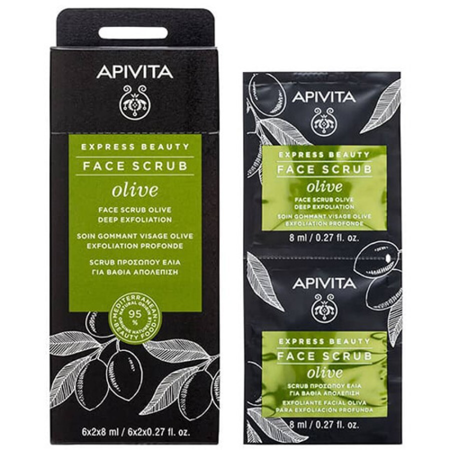 Скраб для обличчя Apivita Express Beauty інтенсивно відлущуючий з оливою, 2 шт. по 8 мл: ціни та характеристики