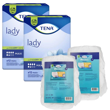 Набір Tena Lady, спеціалізовані гігієнічні рушники, максі, 2 x 12 шт + труси ProSkin Pants Normal chonic, розмір M та L, 2 зразки: ціни та характеристики