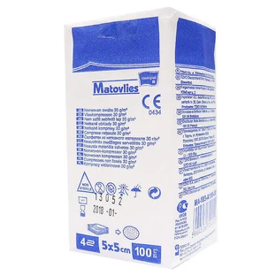 Компрессы из нетканого материала, несамоклеящиеся, 4 слоя, Matovlies, 5x5 см, 30 г, 100 шт.