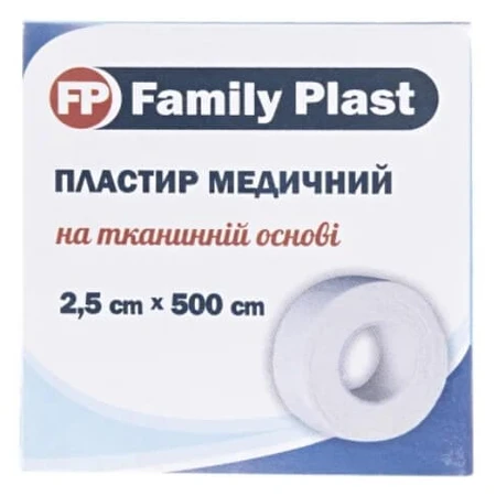 Пластырь медицинский Family Plast на тканевой основе 2,5 см х 500 см, белого цвета: цены и характеристики