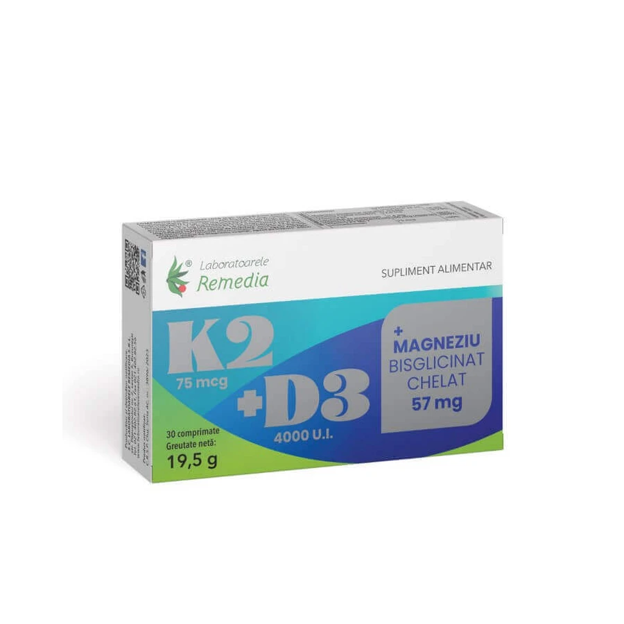 K2+D3+Магнію Бісгліцинат хелат 57 мг Remedia, 30 таблеток: ціни та характеристики