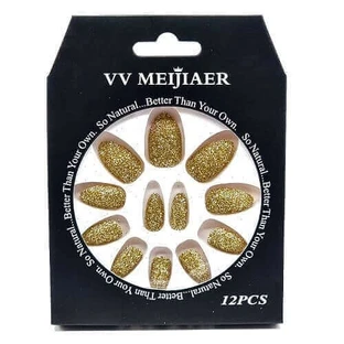 Набор из 12 накладных ногтей с блестками, VV Meijiaer, золото