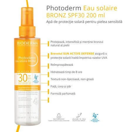 Сонцезахисна вода SPF 30 для чутливої шкіри Photoderm Bronz, 200 мл, Bioderma: ціни та характеристики