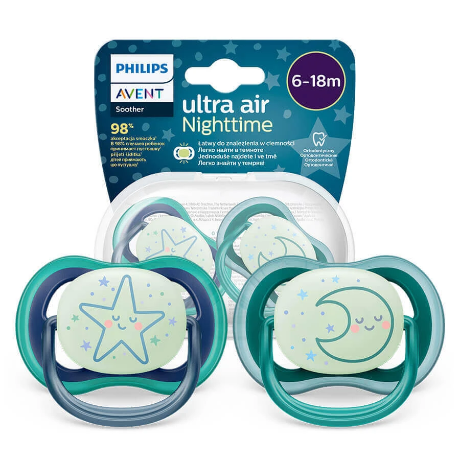 Avent Ultra Air Night, манекен, силіконовий, симетричний, манекен в темряві, хлопчик, SCF376/13, 6-18 місяців, 2 манекена: ціни та характеристики