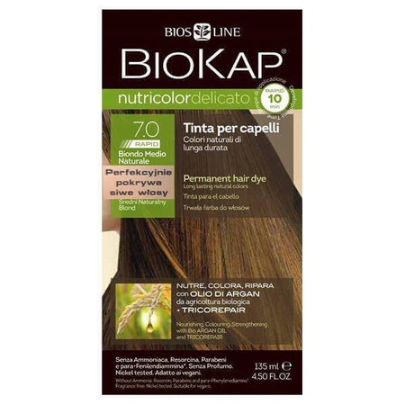Biokap Nutricolor Delicato Rapid, фарба для волосся, 7.0 русявий натуральний блонд, 135 мл: ціни та характеристики