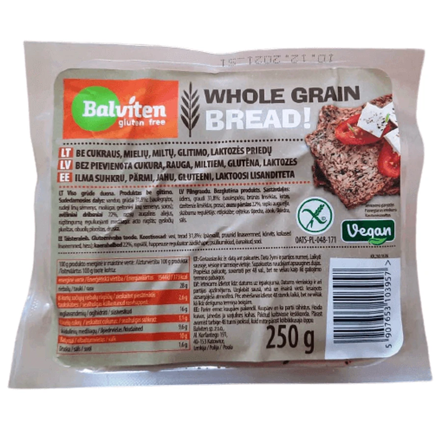 Хліб Just Grains безглютеновий, 250 г, Balviten: ціни та характеристики