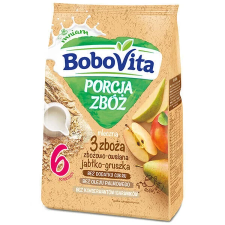 BoboVita Porcja Zbó злаково-овсяная каша 3 злака, яблоко и груша, молоко, без добавления сахара, после 6 месяцев, 210 г: цены и характеристики