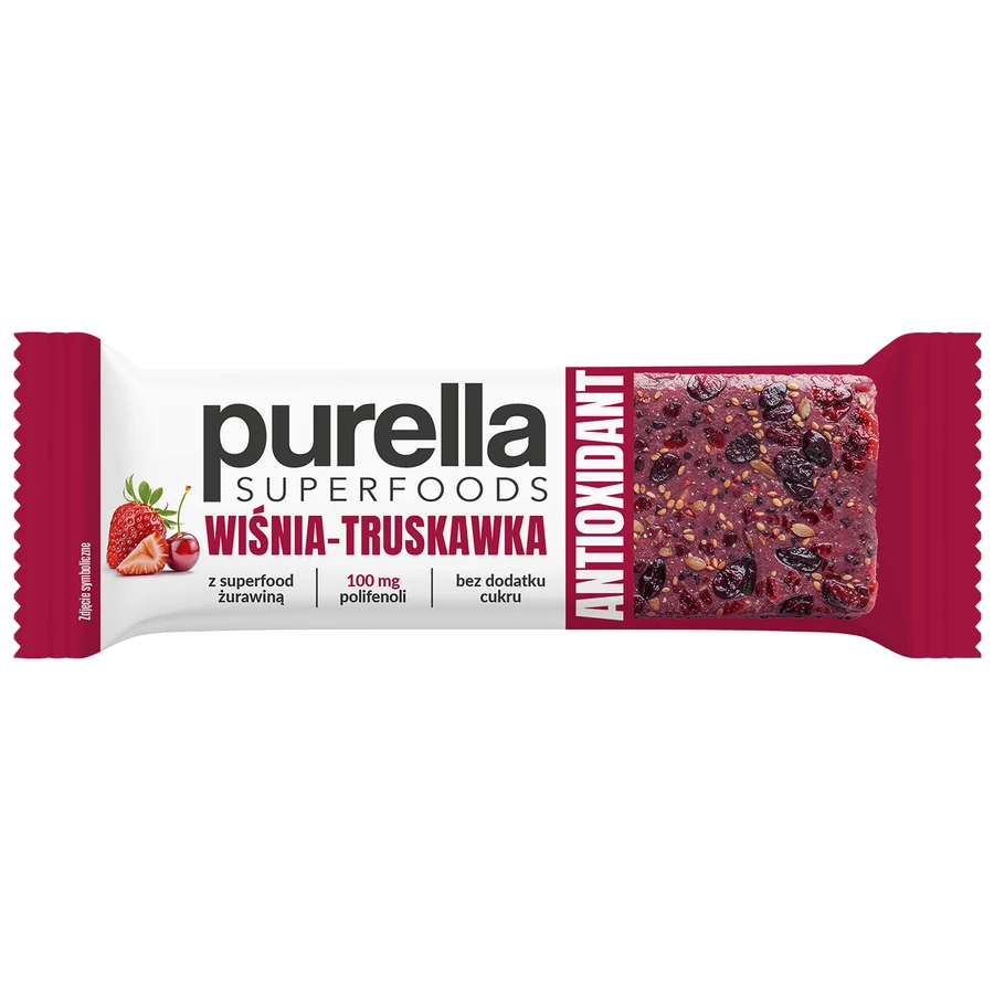 Антиоксидантний батончик Purella Superfoods, вино-полуниця, 40 г: ціни та характеристики