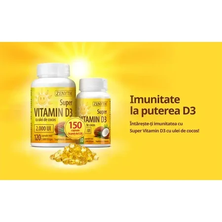 Супер Витамин D3 2000 МЕ Zenyth с кокосовым маслом, 120+30 капсул: цены и характеристики