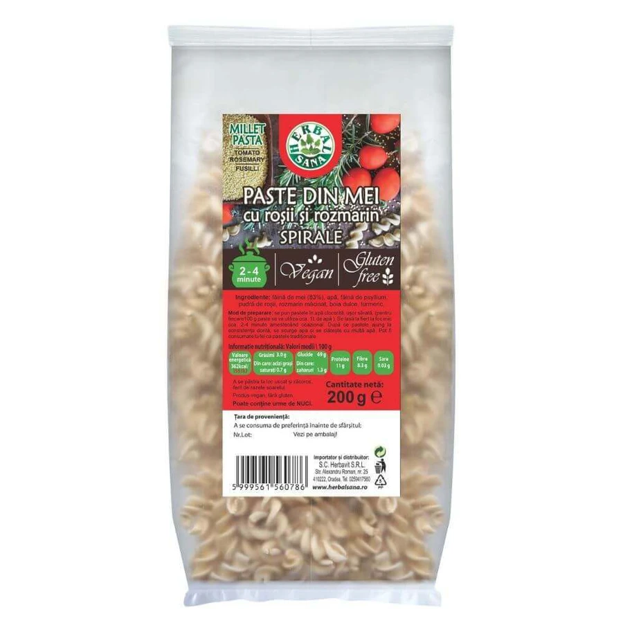 Паста из пшена с томатом и розмарином, спиральки, 200 г, Herbal Sana: цены и характеристики