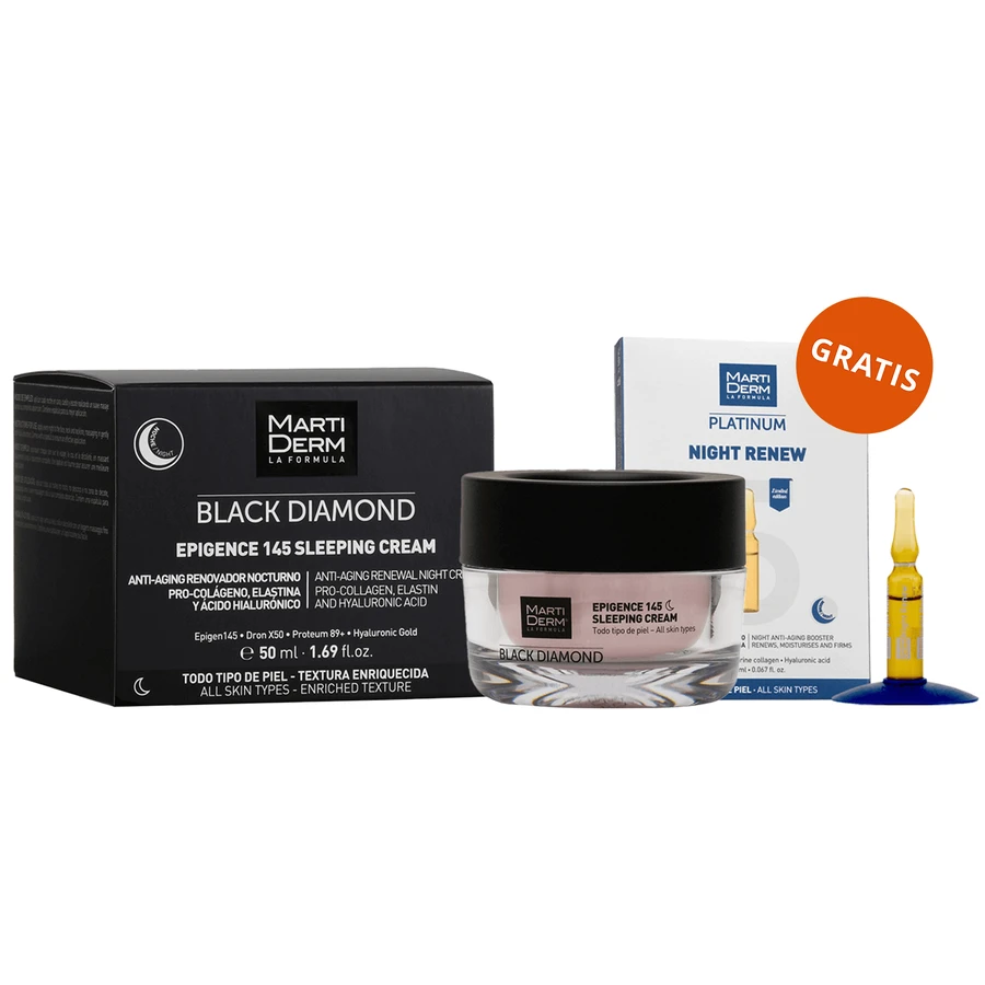 MartiDerm Black Diamond Epigence 145 Sleeping Cream, нічний крем, 50 мл + Platinum Night Renew, нічний бустер, 2 мл х 5 ампул, набір у подарунок: ціни та характеристики