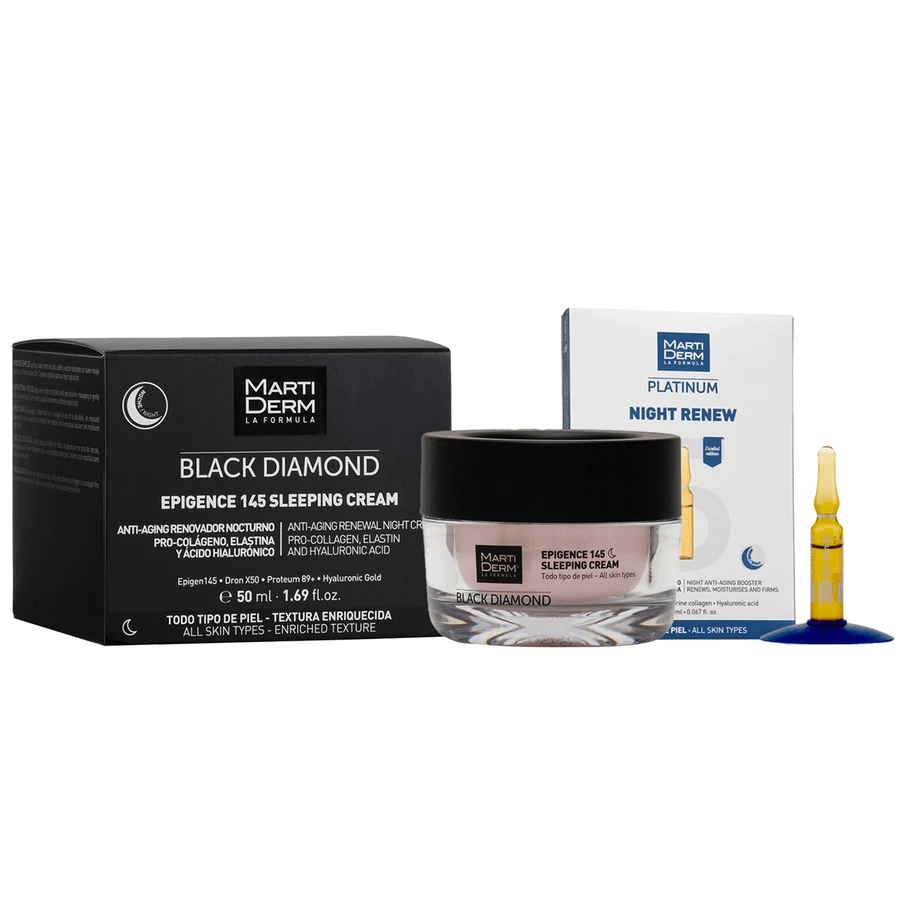 MartiDerm Black Diamond Epigence 145 Sleeping Cream, нічний крем, 50 мл + Platinum Night Renew, нічний бустер, 2 мл х 5 ампул, набір у подарунок: ціни та характеристики