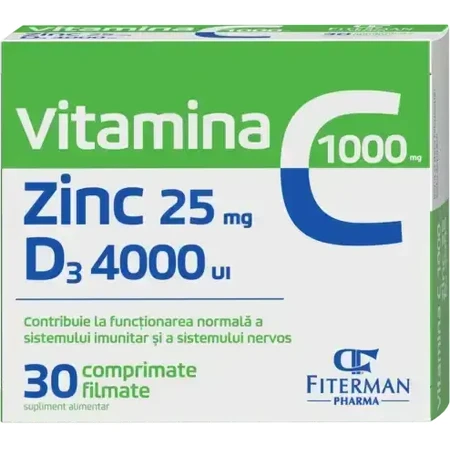 Витамин C 1000 мг + Zn 25 мг + D3 4000UI Fiterman Vitamina C 1000 mg + Zn 25 mg + D3 4000UI, 30 таблеток: цены и характеристики