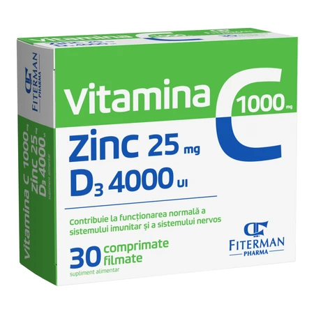 Витамин C 1000 мг + Zn 25 мг + D3 4000UI Fiterman Vitamina C 1000 mg + Zn 25 mg + D3 4000UI, 30 таблеток: цены и характеристики