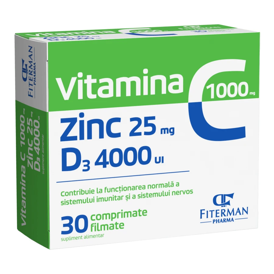 Витамин C 1000 мг + Zn 25 мг + D3 4000UI Fiterman Vitamina C 1000 mg + Zn 25 mg + D3 4000UI, 30 таблеток: цены и характеристики