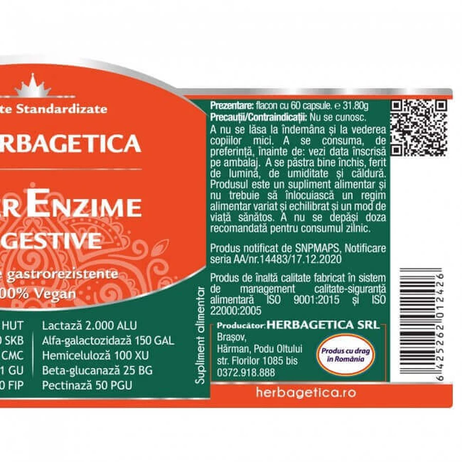 Super Enzime Digestive Herbagetica, 60 капсул: ціни та характеристики
