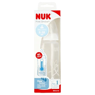 NUK First Choice+, пляшечка без кольок з градуюванням температури та силіконовою соскою Flow Control, 6-18 місяців, 300 мл